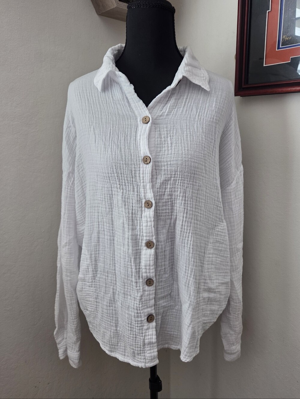 XCVI White Gauze Cotton Button-Down Shirt Coastal Grandma Beachy Resortwear Med